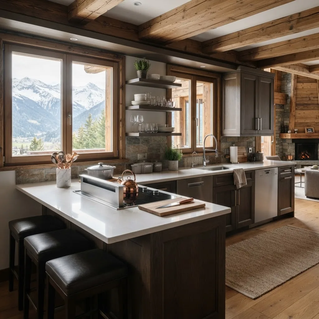 Cuisine de chalet étincelante, plan de travail propre