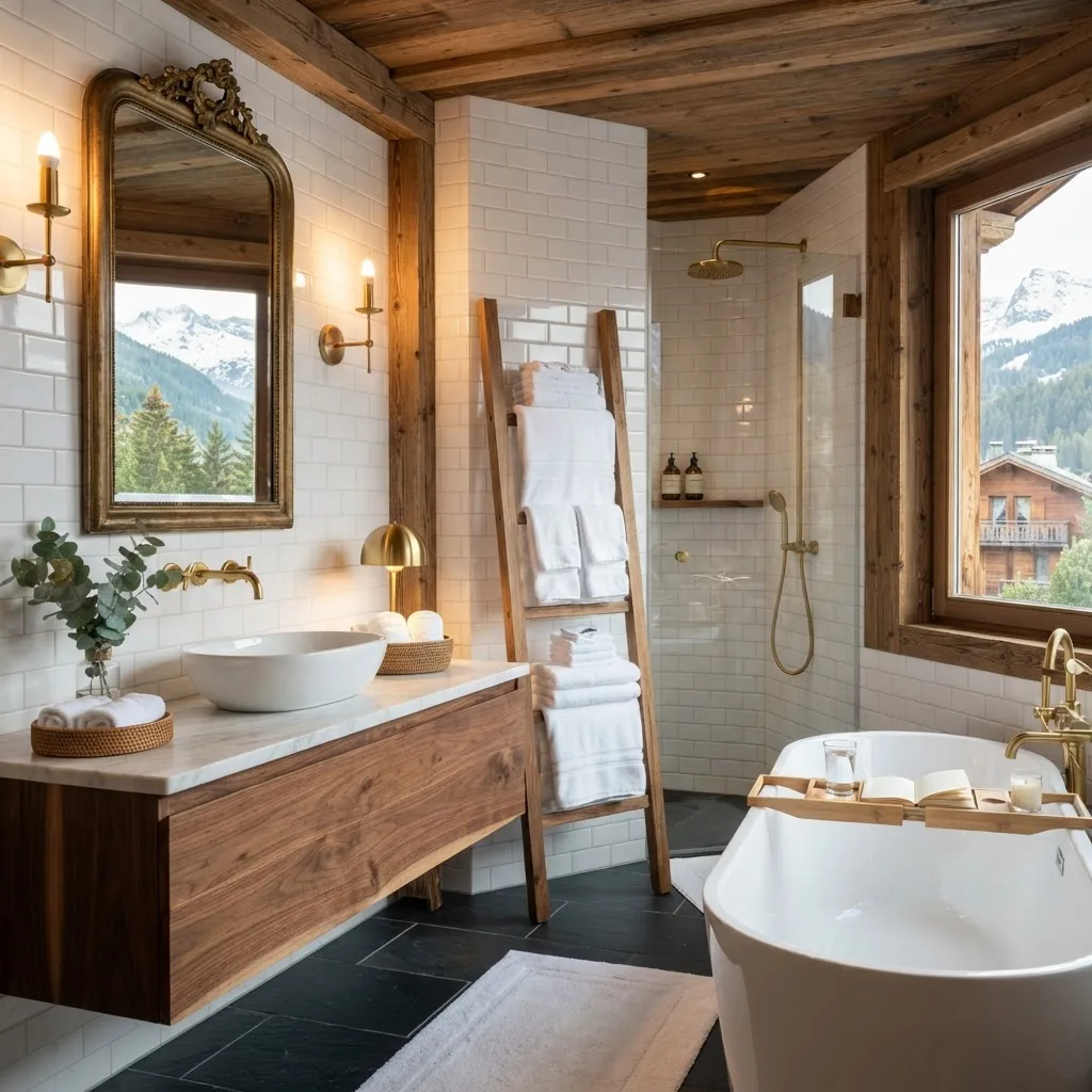 Salle de bain de luxe, serviettes pliées, robinetterie brillante