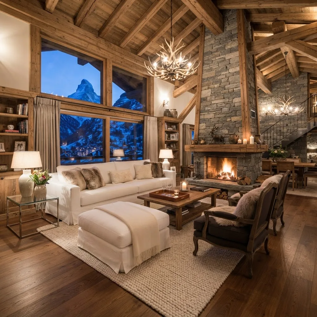 Salon de chalet impeccable, canapé blanc et parquet