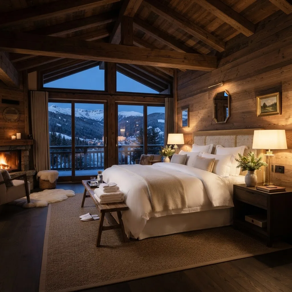 Chambre de chalet haut de gamme, linge immaculé
