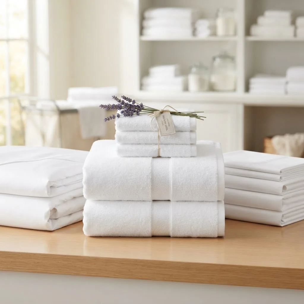 Linge plié avec soin, serviettes blanches empilées