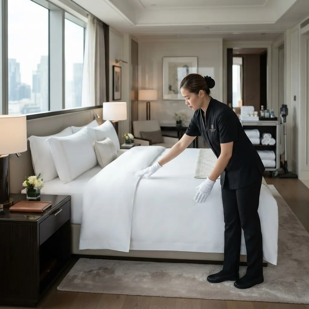 Préparation hôtelière du lit, draps blancs impeccables